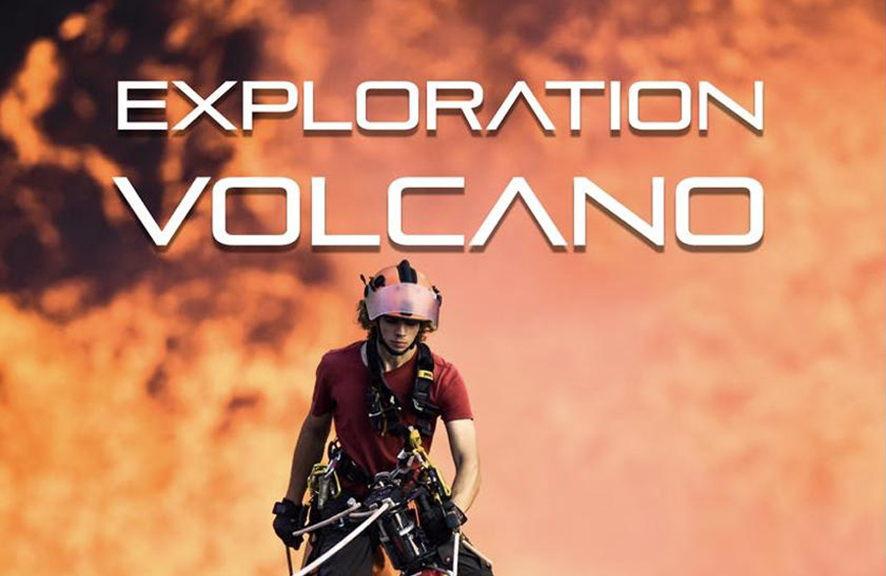 Exploration Volcano thumbnail featuring a person in a helmet and t-shirt with climbing gear in front of lava